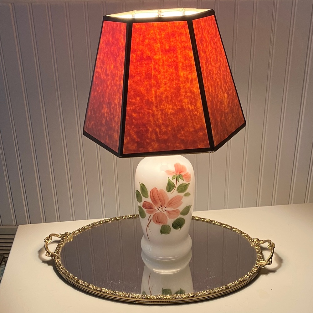 Vintage Milk Glass Lamp With Vintage Shade. Hand Painted Flowers On Base